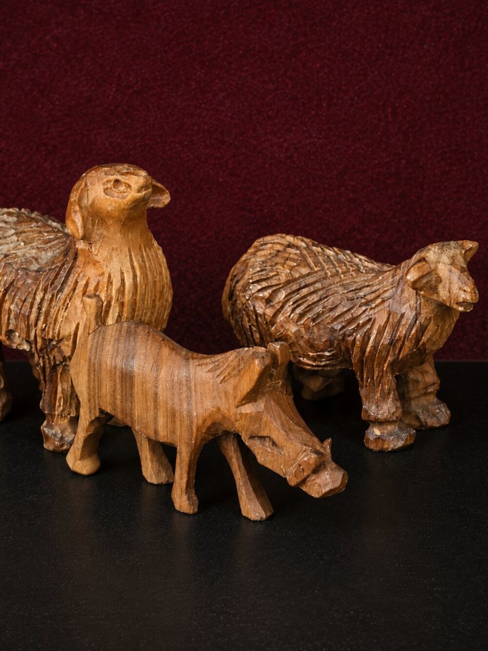 3 Hand Carved Wooden Animal Figurines Mini Lot of 2 sheep, 1 warthog